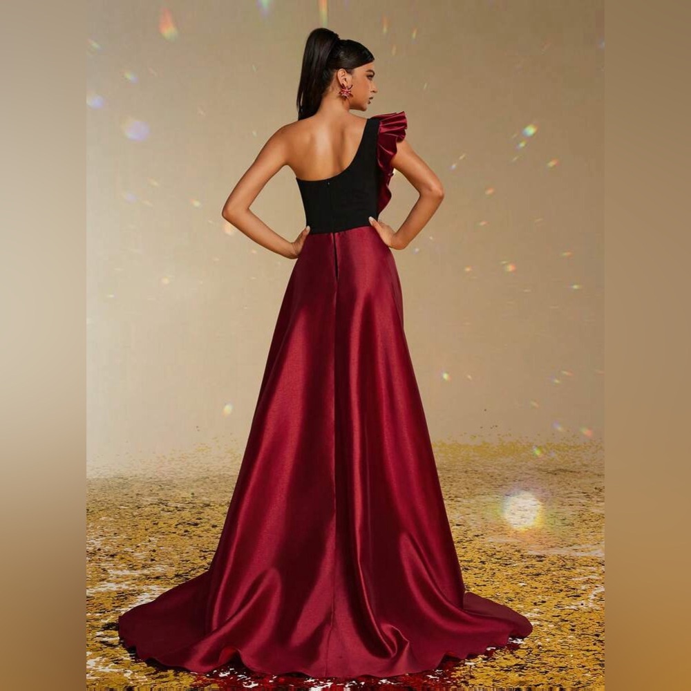 Smilprince Asymmetrical Neck High Slit FloorLength Gown Burgundy Size XL 12 - 14 - Picture 8 of 16